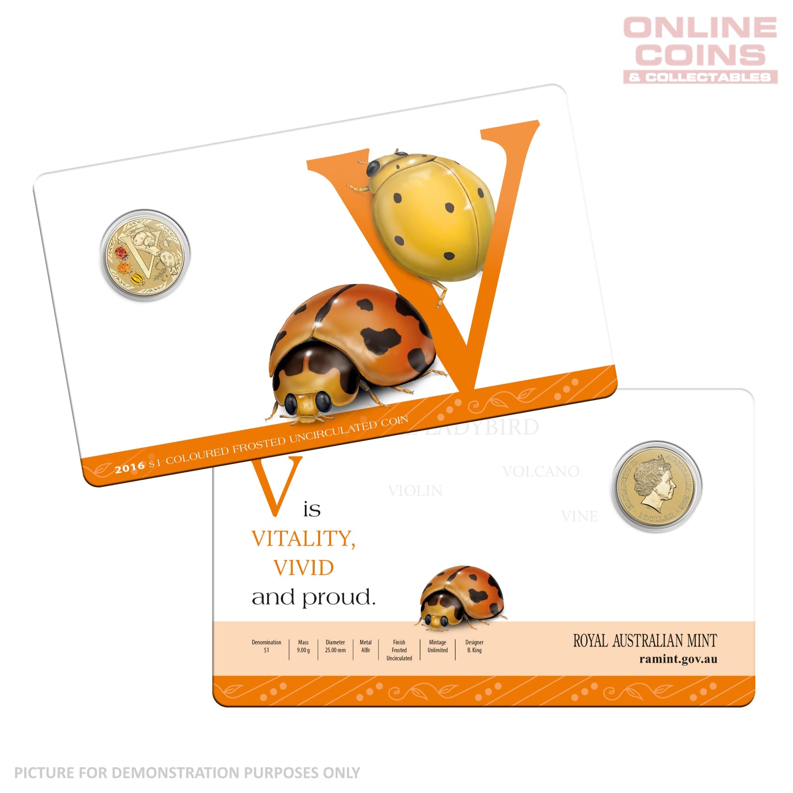 2016 $1 Coloured Alphabet Frosted Coin In Card - V for Variable Ladybird